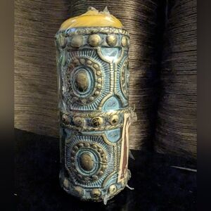 Vintage Old Home German Carved Candle Teal And Gold New In Wrapper